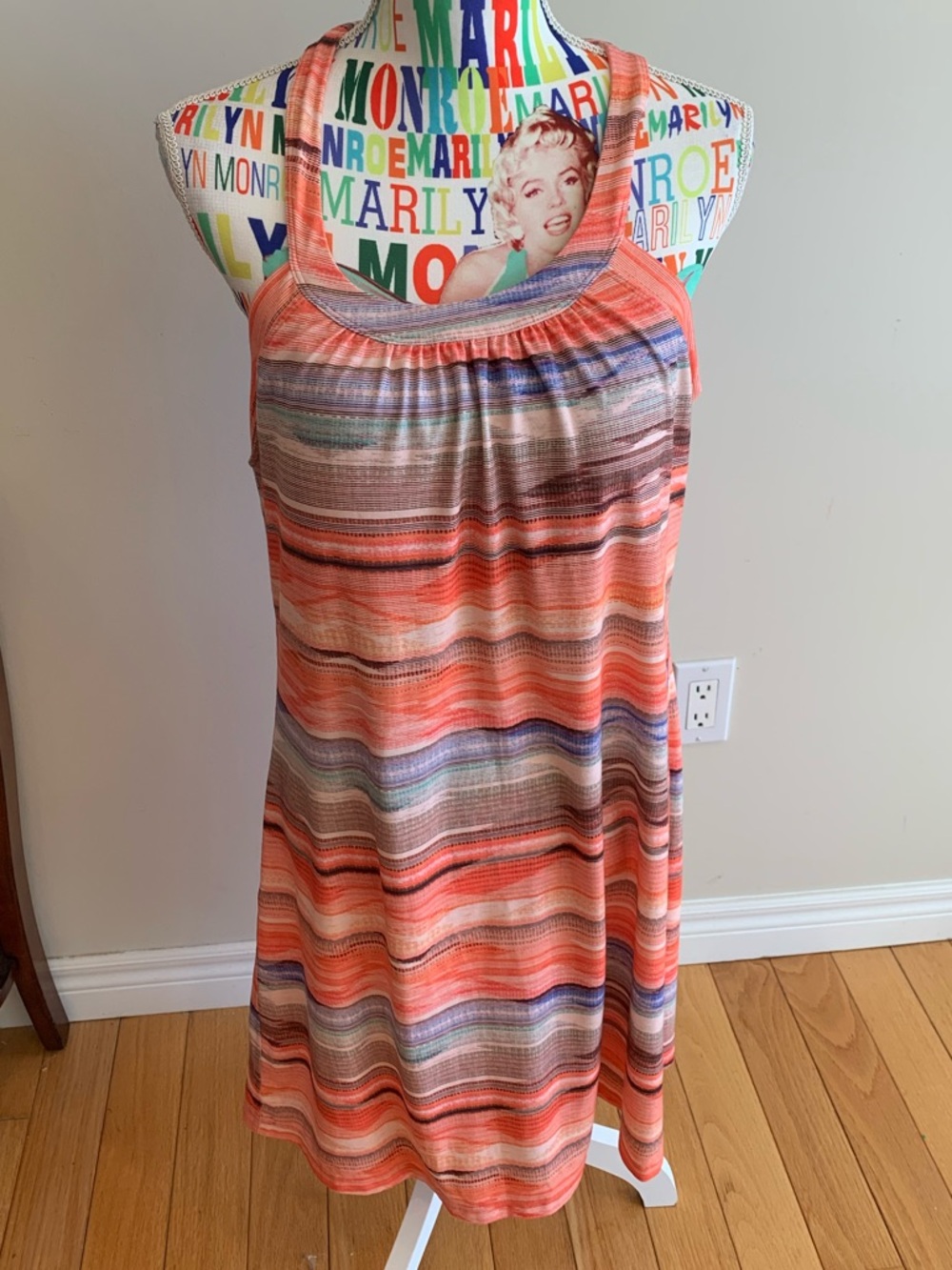 Prana Coral and Multicolor Striped Sleeveless Dress